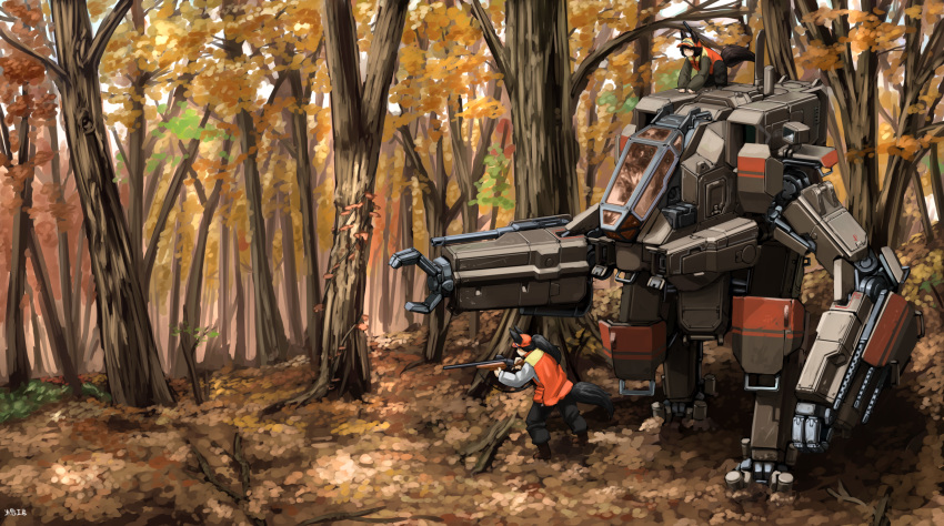 all_fours animal_ears autumn_leaves baseball_cap black_pants boots brown_boots commentary_request day forest fox_ears fox_tail gun hat highres holding holding_gun holding_weapon hozumi_(ouchan) hunting long_hair long_sleeves mecha nature original outdoors pants short_hair shotgun standing tail tree vest weapon
