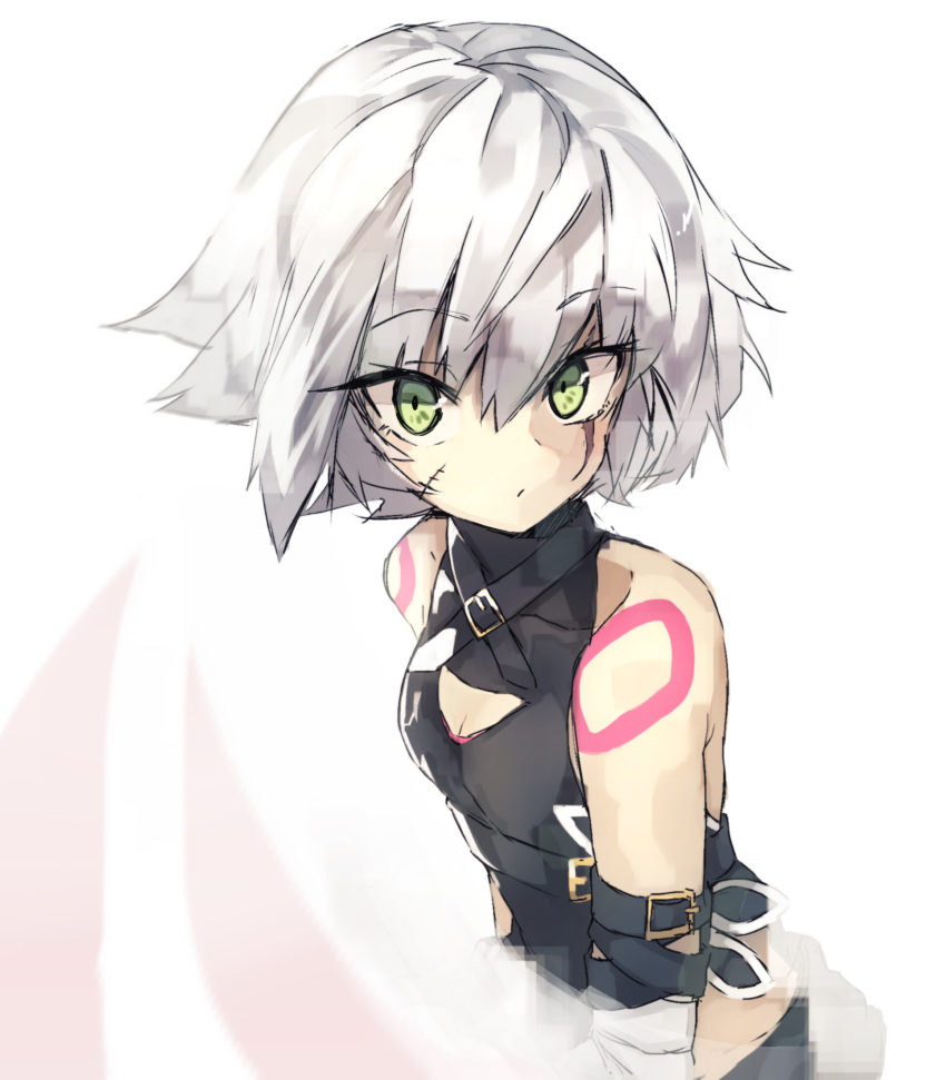 1girl assassin_of_black bandage bangs bare_shoulders bei_mochi breasts cleavage closed_mouth commentary_request fate/apocrypha fate/grand_order fate_(series) from_side green_eyes highres looking_at_viewer looking_to_the_side scar short_hair silver_hair small_breasts solo upper_body