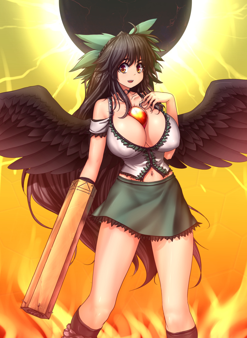 1girl :d arm_cannon bare_shoulders between_breasts black_hair black_sun black_wings bow breasts cleavage collarbone cowboy_shot feathered_wings green_skirt hair_bow hand_on_own_chest hater_(hatater) highres huge_breasts long_hair looking_at_viewer midriff navel navel_piercing open_mouth piercing red_eyes reiuji_utsuho skirt smile solo sun third_eye touhou very_long_hair weapon wings