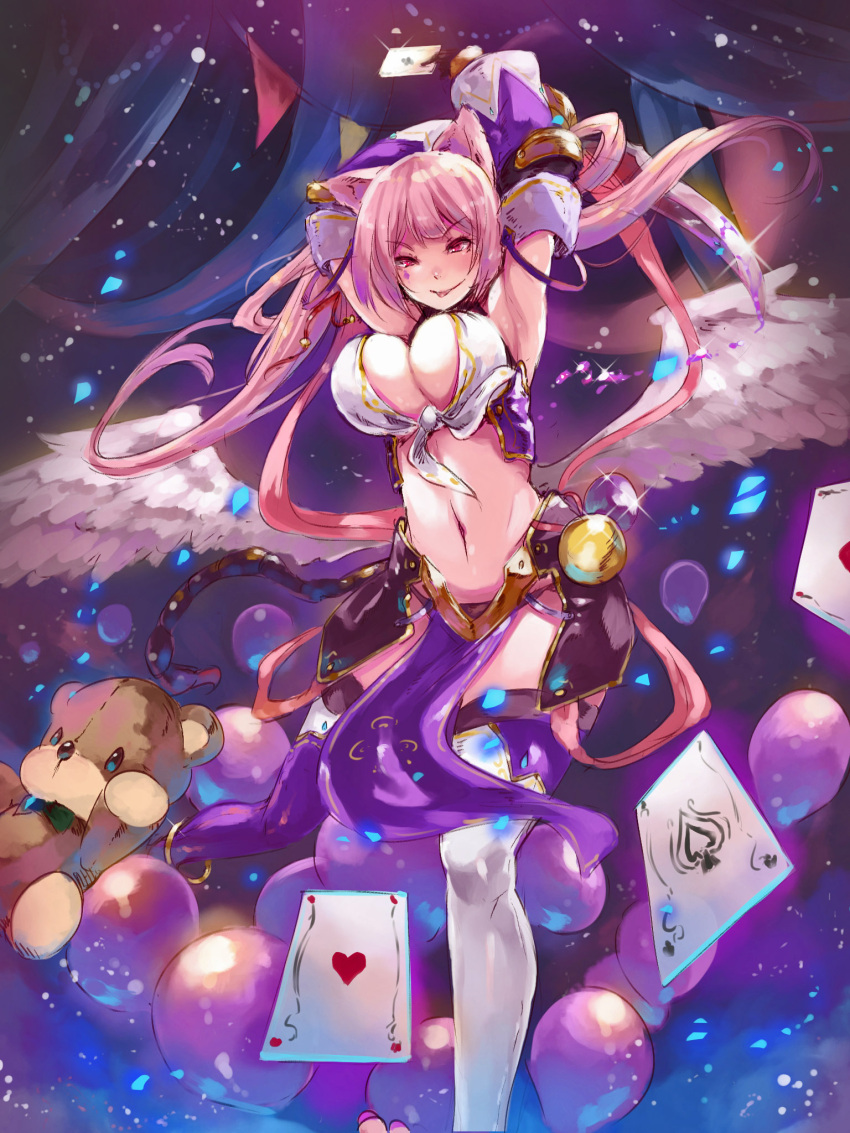 balloon belly blush breasts card demon_girl denizen_tomo highres large_breasts long_hair original pink_eyes pink_hair stuffed_animal stuffed_toy sword teddy_bear thigh-highs twintails very_long_hair weapon wings