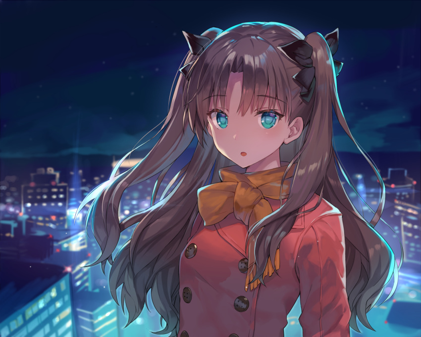 1girl :o arms_at_sides bangs black_ribbon blue_eyes brown_hair buttons city cityscape coat double-breasted eyebrows_visible_through_hair fate/stay_night fate_(series) hair_ribbon highres long_hair looking_at_viewer momoko_(momopoco) night orange_scarf outdoors red_coat ribbon scarf sky solo star_(sky) starry_sky tohsaka_rin two_side_up upper_body