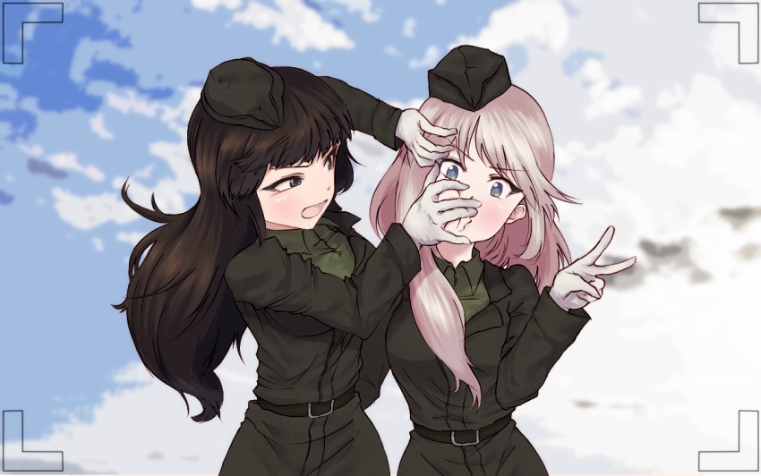 2girls angry bangs belt blunt_bangs brown_dress brown_eyes brown_hair brown_shirt clouds cloudy_sky commentary cowboy_shot dress dress_shirt garrison_cap girls_und_panzer gloves hands_on_another's_face hat long_hair long_sleeves looking_at_another looking_at_viewer m2b military military_uniform multiple_girls nishizumi_shiho pose shimada_chiyo shirt side-by-side sky uniform v viewfinder wavy_mouth white_gloves younger