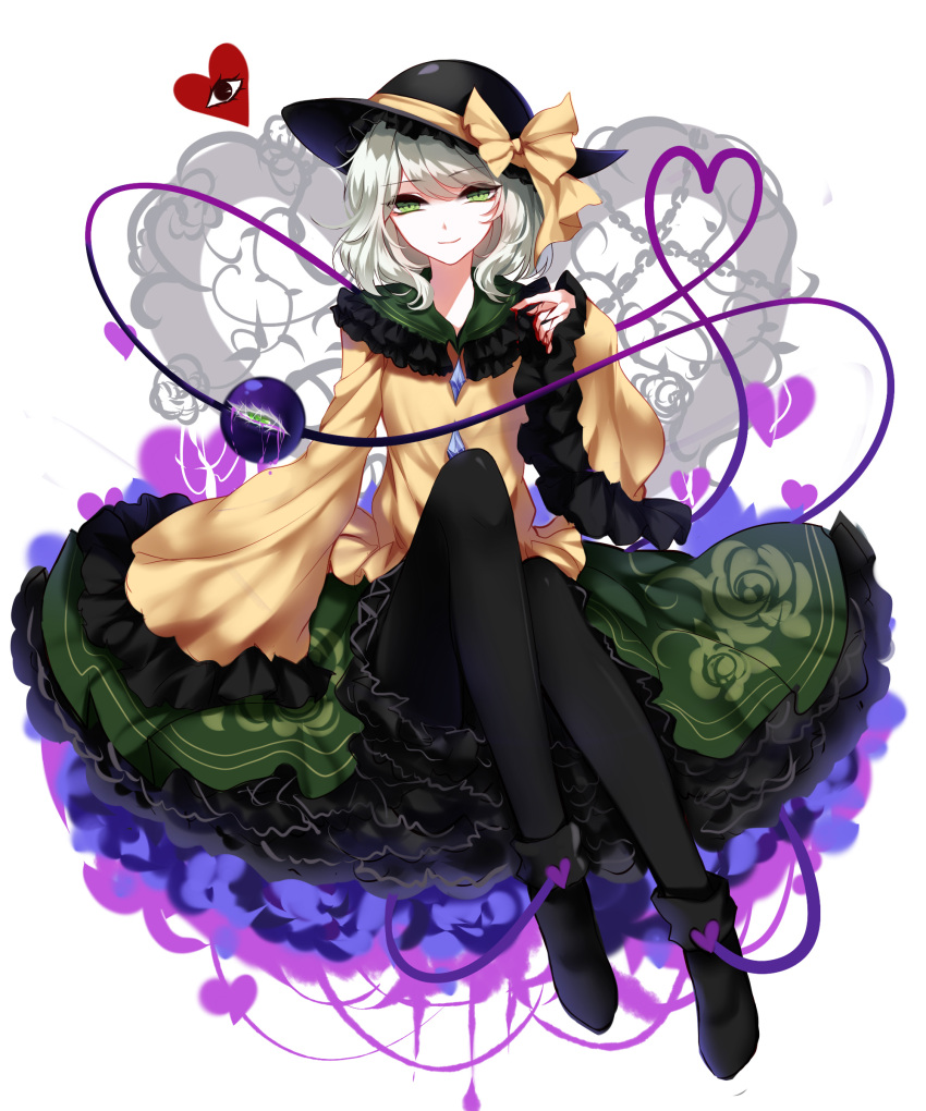 1girl absurdres bangs black_hat black_legwear black_shoes blood bloody_tears blouse bow closed_mouth eyeball floral_print frilled_shirt_collar frilled_sleeves frills full_body green_eyes green_skirt hat hat_bow heart heart_of_string highres komeiji_koishi long_sleeves looking_at_viewer pantyhose petticoat sheya shoes silver_hair skirt smile solo third_eye touhou wide_sleeves yellow_blouse yellow_bow