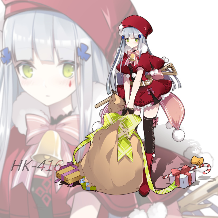 1girl absurdres bag bell black_gloves black_legwear boots bow candy candy_cane character_name christmas expressionless food full_body gift girls_frontline gloves green_bow green_eyes grey_hair hat highres hk416_(girls_frontline) knee_boots long_hair looking_at_viewer pink_bow plaid plaid_bow pom_pom_(clothes) red_boots red_hat red_skirt shawl skirt solo standing thigh-highs vilor zoom_layer