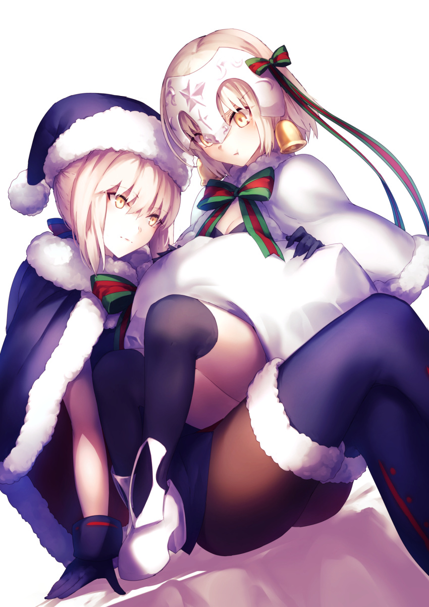 &gt;:t 2girls :t arm_at_side arm_support bangs bell black_boots black_dress black_gloves black_legwear blonde_hair blush boots bow bowtie breasts brown_legwear cape capelet cleavage closed_mouth dress dutch_angle eyebrows_visible_through_hair fate/grand_order fate_(series) fur-lined_boots fur-trimmed_cape fur_trim gloves hair_bow hair_ribbon hat head_tilt headpiece high_heels highres jeanne_alter jeanne_alter_(santa_lily)_(fate) kyouya_(mukuro238) legs_crossed looking_at_another looking_at_viewer looking_down multiple_girls over-kneehighs pantyhose pom_pom_(clothes) ribbon ruler_(fate/apocrypha) saber saber_alter sack santa_alter santa_costume santa_hat short_hair sidelocks simple_background sitting sitting_on_lap sitting_on_person thigh-highs thigh_boots white_background yellow_eyes