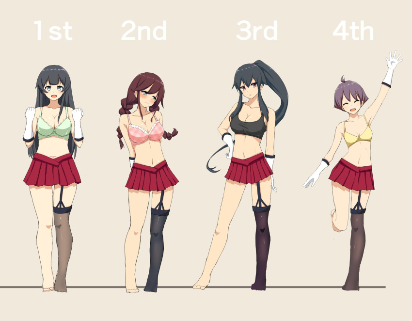 4girls agano_(kantai_collection) asymmetrical_legwear black_bra black_hair black_legwear blush bra braid breasts brown_hair cassandra_(seishun_katsu_sando) cleavage closed_eyes eyebrows_visible_through_hair frilled_bra frills garter_straps gloves green_bra green_eyes highres kantai_collection large_breasts long_hair looking_at_viewer multiple_girls navel noshiro_(kantai_collection) open_mouth pink_bra pleated_skirt ponytail purple_hair red_eyes red_skirt sakawa_(kantai_collection) short_hair simple_background skirt smile sports_bra thigh-highs twin_braids underwear white_gloves yahagi_(kantai_collection) yellow_bra