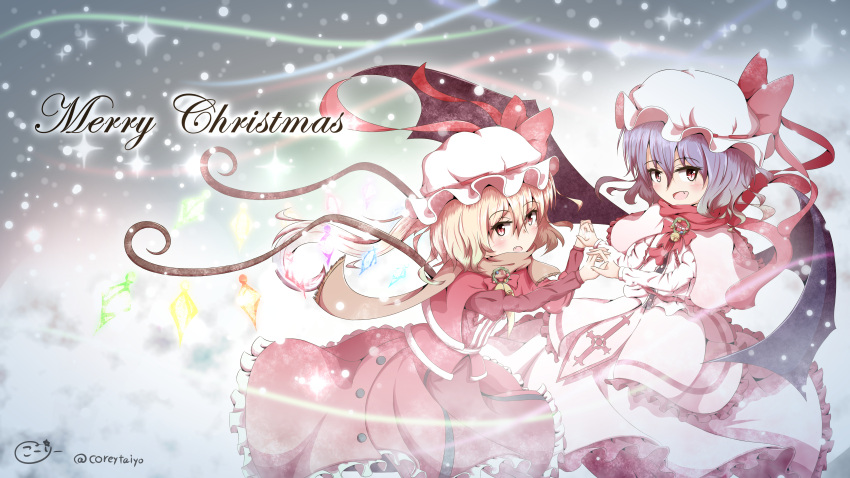 2girls absurdres bat_wings blonde_hair blue_hair christmas coreytaiyo flandre_scarlet hat hat_ribbon highres merry_christmas mob_cap multiple_girls red_eyes remilia_scarlet ribbon touhou wings