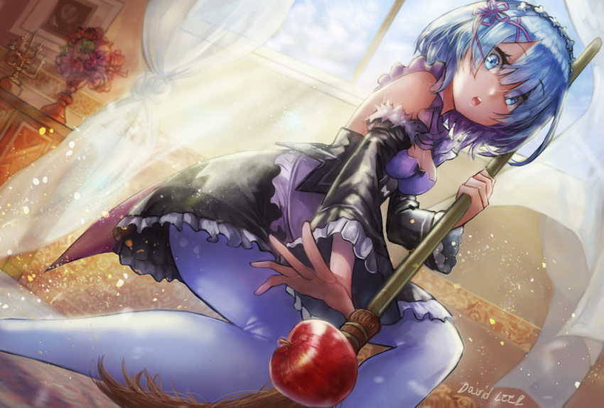 1girl apple artist_name blue_eyes blue_hair breasts broom curtains david_lee day detached_sleeves eyebrows_visible_through_hair eyes_visible_through_hair flower food frilled_sleeves frills from_below from_side fruit fur_trim hair_ornament hair_over_one_eye holding_broom indoors maid maid_headdress medium_breasts open_mouth pantyhose portrait_(object) re:zero_kara_hajimeru_isekai_seikatsu reaching_out rem_(re:zero) ribbon-trimmed_clothes ribbon_trim solo squatting sunlight vase white_legwear window x_hair_ornament