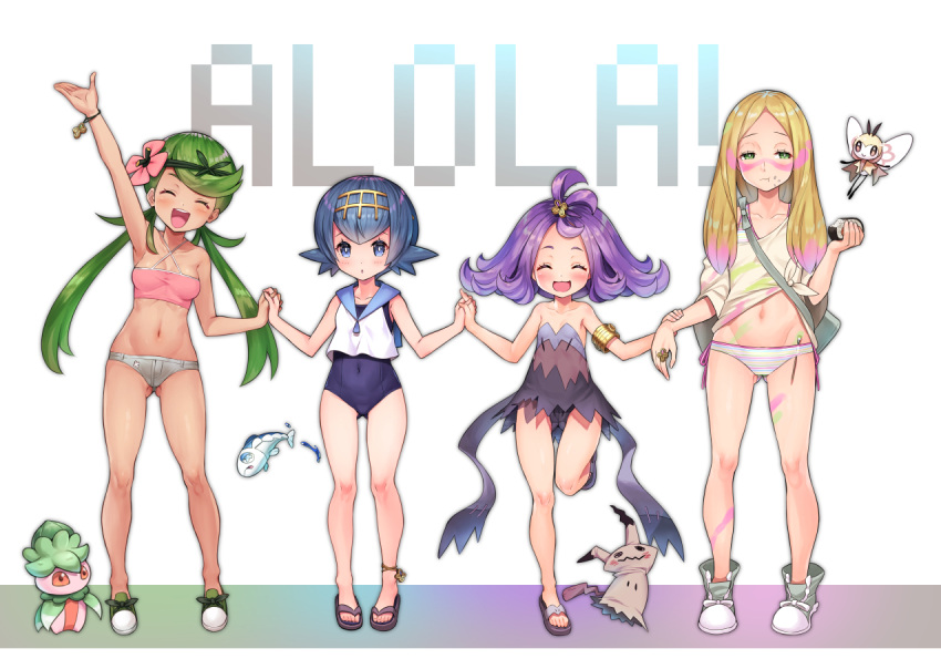 4girls :3 acerola_(pokemon) arm_grab arm_up bikini blonde_hair blue_eyes blue_hair child closed_mouth covered_navel dress eating feet flower fomantis food gluteal_fold green_eyes green_hair hair_flower hair_ornament hairband hand_holding interlocked_fingers kinnotama_(erokosei) long_hair looking_at_viewer low_twintails mallow_(pokemon) matsurika_(pokemon) mimikyu_(pokemon) multiple_girls navel onigiri open_mouth outstretched_arm pokemon pokemon_(creature) pokemon_(game) pokemon_sm purple_hair ribombee sailor_collar school_swimsuit shirt shoes short_hair sidelocks simple_background smile standing suiren_(pokemon) swimsuit thigh_gap toes twintails white_background wishiwashi