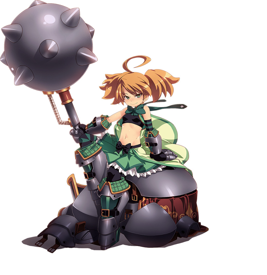 1girl ahoge armor armored_boots boots bow brown_hair dina_(sennen_sensou_aigis) greaves green_eyes holding holding_weapon huge_weapon long_hair looking_at_viewer mace midriff navel official_art plaid sennen_sensou_aigis sitting smile solo tasaka_shinnosuke transparent_background twintails weapon