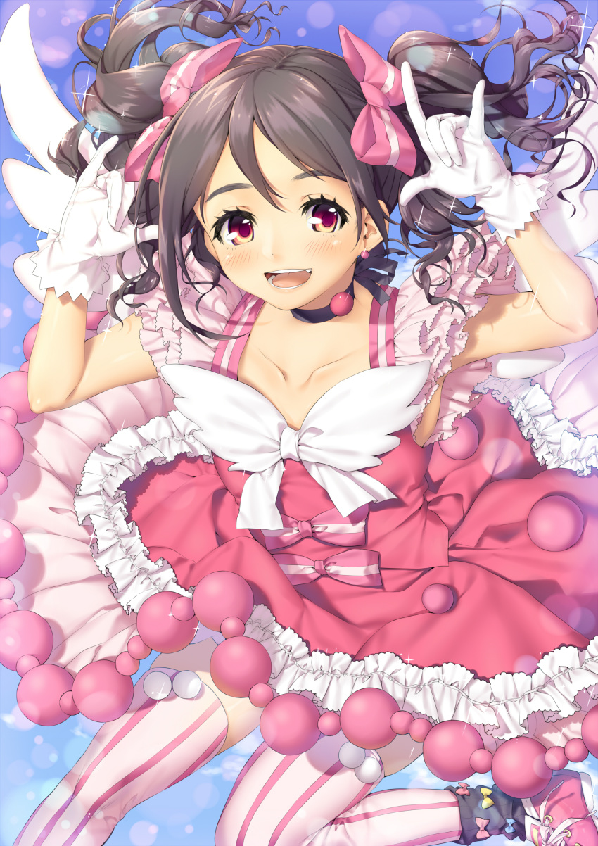 1girl absurdres black_hair bow brown_eyes collar collarbone dress gloves hair_bow highres long_hair looking_at_viewer love_live! love_live!_school_idol_project nico_nico_nii open_mouth pink_bow pink_legwear solo striped striped_legwear thigh-highs twintails white_gloves yana_mori yazawa_nico