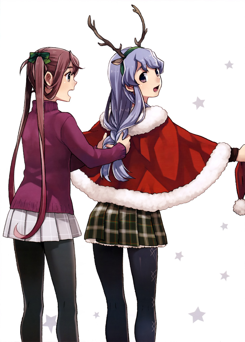 2girls absurdres asagumo_(kantai_collection) black_legwear bow braid brown_eyes brown_hair capelet casual fake_antlers fur_trim hair_bow hairband highres kantai_collection lavender_hair long_hair long_sleeves multiple_girls open_mouth outstretched_arms pantyhose plaid plaid_skirt pleated_skirt scan single_braid skirt smile turtleneck twintails tying_hair violet_eyes yamagumo_(kantai_collection)