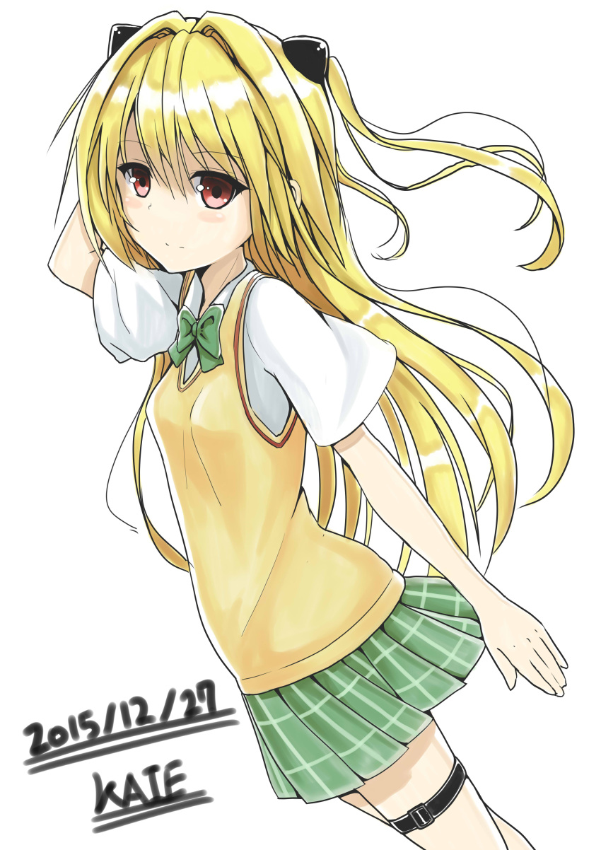 1girl 2015 absurdres blonde_hair bow bowtie dated eyebrows eyebrows_visible_through_hair green_bow green_skirt hair_between_eyes hair_ornament hand_in_hair highres kaieee konjiki_no_yami long_hair pleated_skirt red_eyes school_uniform simple_background skirt solo to_love-ru to_love-ru_darkness white_background