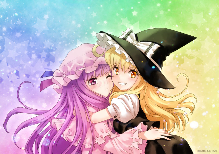2girls arm_around_shoulder bending_forward blonde_hair blush capelet cheek-to-cheek crescent crescent_hair_ornament frown gradient gradient_background grin hair_ornament hand_on_another's_back hat hat_ribbon heart highres hug kirisame_marisa light_particles long_hair looking_at_viewer mob_cap multicolored_background multiple_girls one_eye_closed patchouli_knowledge pink_robe puffy_short_sleeves puffy_sleeves purple_hair ribbon sato-pon short_sleeves skirt skirt_set smile star starry_background symbol-shaped_pupils touhou twitter_username violet_eyes witch_hat yellow_eyes yuri