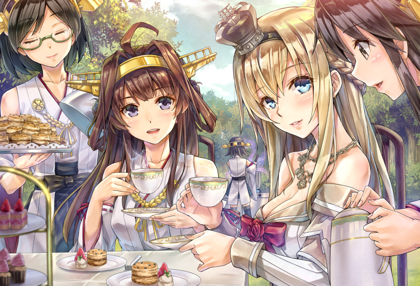 5girls :d ahoge back bad_food bangs bare_shoulders black_hair black_hakama black_legwear black_ribbon blonde_hair blue_eyes blurry blush bow braid breasts brown_hair cake chair cleavage closed_eyes closed_mouth clouds cooking crown cup cupcake day depth_of_field detached_sleeves double_bun dress eyebrows_visible_through_hair eyelashes fingernails flat_chest flower food fork fruit glasses grass green-framed_eyewear hair_between_eyes hairband hakama hakama_skirt haruna_(kantai_collection) head_tilt headgear hiei_(kantai_collection) highres holding holding_cup humming japanese_clothes jewelry kantai_collection kirishima_(kantai_collection) kongou_(kantai_collection) kotatsu_(kotatsu358) ladle leaning_forward legs_apart long_hair long_sleeves looking_at_viewer medium_breasts mini_crown multiple_girls musical_note necklace no_legwear nontraditional_miko off-shoulder_dress off_shoulder open_mouth outdoors parted_lips pink_lips plate pot profile quaver red_bow red_rose remodel_(kantai_collection) ribbon ribbon-trimmed_sleeves ribbon_trim rope rose sash saucer scone semi-rimless_glasses serving serving_dome short_hair sitting skirt sky smile smoke standing steam stove strawberry swept_bangs table tablecloth tea tea_party teacup teapot thigh-highs tiered_tray tray tree under-rim_glasses warspite_(kantai_collection)
