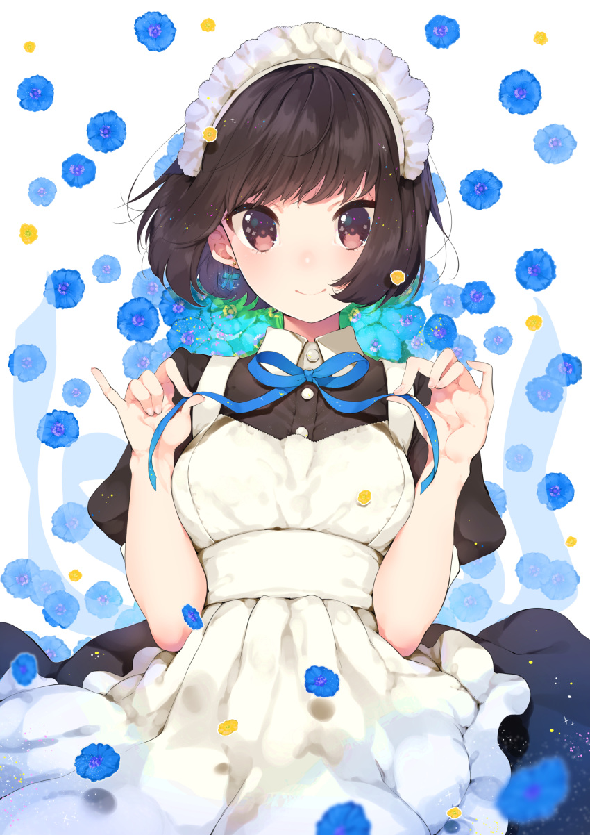 1girl absurdres apron bangs black_hair black_shirt blue_flower blue_ribbon bob_cut brown_eyes collared_shirt frilled_apron frills hands_up highres holding looking_at_viewer maid maid_headdress mayuri_kaichou original puffy_short_sleeves puffy_sleeves ribbon shirt short_hair short_sleeves simple_background smile solo upper_body white_background white_shirt
