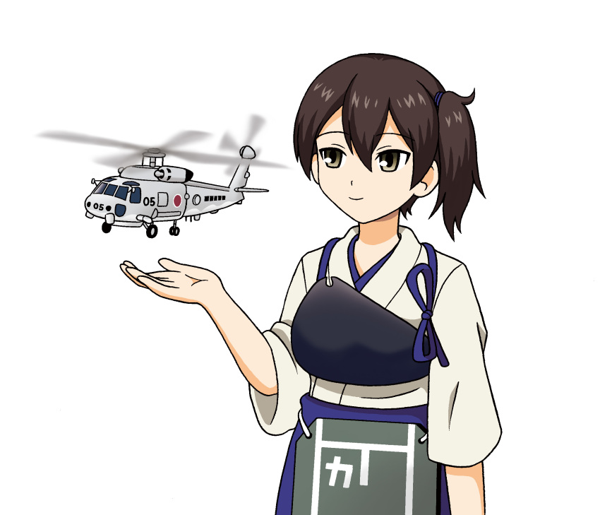 1girl aircraft brown_eyes brown_hair commentary_request helicopter highres hoshino_banchou japanese_clothes kaga_(jmsdf) kaga_(kantai_collection) kantai_collection long_hair muneate sh-60_seahawk side_ponytail simple_background smile solo tasuki white_background