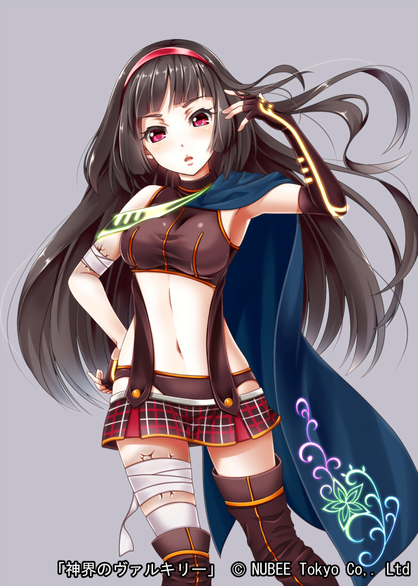1girl asymmetrical_gloves bangs black_gloves black_hair black_panties blunt_bangs boots breasts cape crop_top detached_sleeves elbow_gloves fingerless_gloves gloves grey_background haguda_tofu_(hakudatofu) hairband hand_in_hair hand_on_hip highres long_hair looking_at_viewer microskirt midriff navel panties red_eyes red_hairband shinkai_no_valkyrie simple_background skirt solo thigh-highs thigh_boots underwear