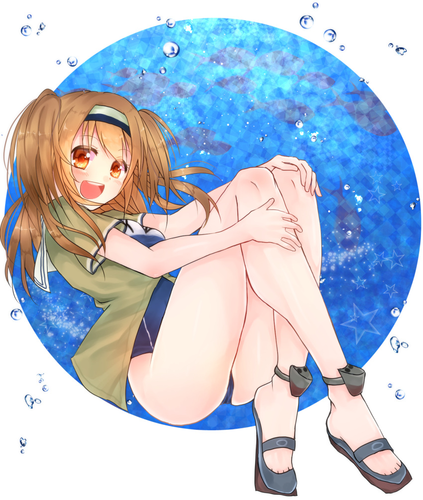 :d aimyun breasts bubble circle fish hairband hands_on_own_knees highres i-26_(kantai_collection) kantai_collection large_breasts light_brown_eyes light_brown_hair long_hair machinery new_school_swimsuit open_mouth sailor_collar sandals short_sleeves smile two-tone_hairband two_side_up