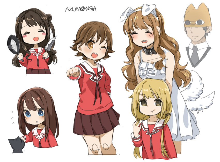 1boy 5girls :d ^_^ animal_ears azumanga_daioh black_hair blonde_hair blue_eyes blush brown_eyes brown_hair chiyo_chichi chiyo_chichi_(cosplay) closed_eyes collar cosplay dog_ears dog_tail dress eating fake_animal_ears frying_pan futaba_anzu half_updo height_difference highres honda_mio idolmaster idolmaster_cinderella_girls kamineko kasuga_ayumu kasuga_ayumu_(cosplay) kitchen_knife knife long_hair mihama_chiyo mihama_chiyo_(cosplay) moroboshi_kirari multiple_girls one_eye_closed open_mouth orange_hair parody producer_(idolmaster_cinderella_girls_anime) sakaki sakaki_(cosplay) school_uniform shibuya_rin shimamura_uzuki side_ponytail smile spawnfoxy tadakichi-san tadakichi-san_(cosplay) tail tail_wagging takino_tomo takino_tomo_(cosplay) very_long_hair white_background white_dress