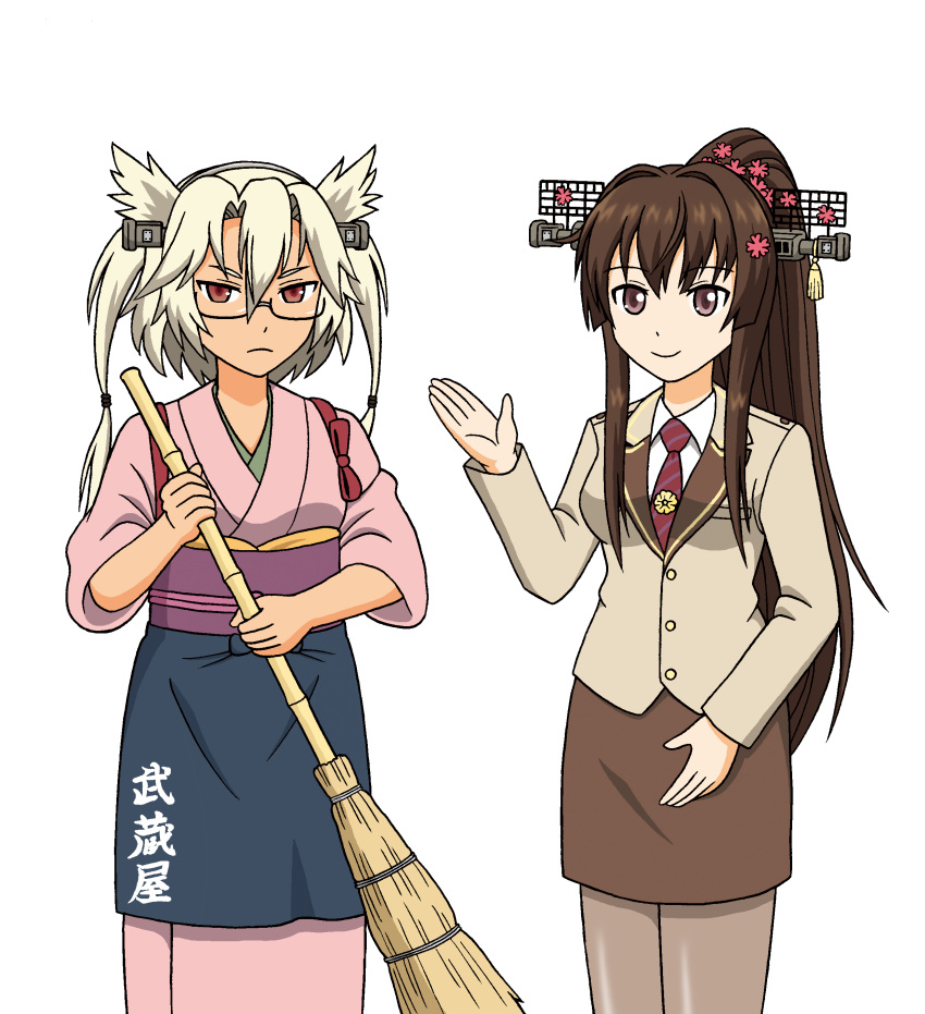 &gt;:( 2girls absurdres alternate_costume broom brown_eyes brown_hair glasses headgear highres holding hoshino_banchou japanese_clothes kantai_collection kimono long_hair looking_at_viewer multiple_girls musashi_(kantai_collection) necktie office_lady pantyhose ponytail silver_hair simple_background smile tan tasuki translated two_side_up white_background yamato_(kantai_collection)