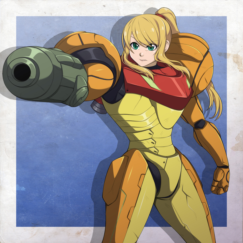 1girl arm_cannon armor blonde_hair clenched_hand female green_eyes highres long_hair metroid nintendo no_helmet ponytail samus_aran serious solo spike_wible standing varia_suit weapon
