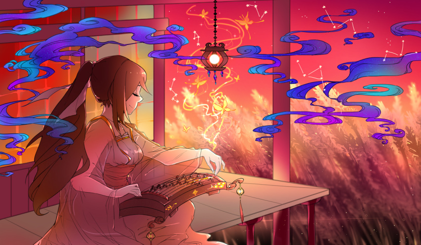 1girl architecture breasts brown_hair butterfly cleavage closed_eyes east_asian_architecture fire_emblem fire_emblem_if guzheng instrument japanese_clothes kagerou_(fire_emblem_if) lantern music obi playing_instrument ponytail sash sitting smile smoke tcong wheat_field