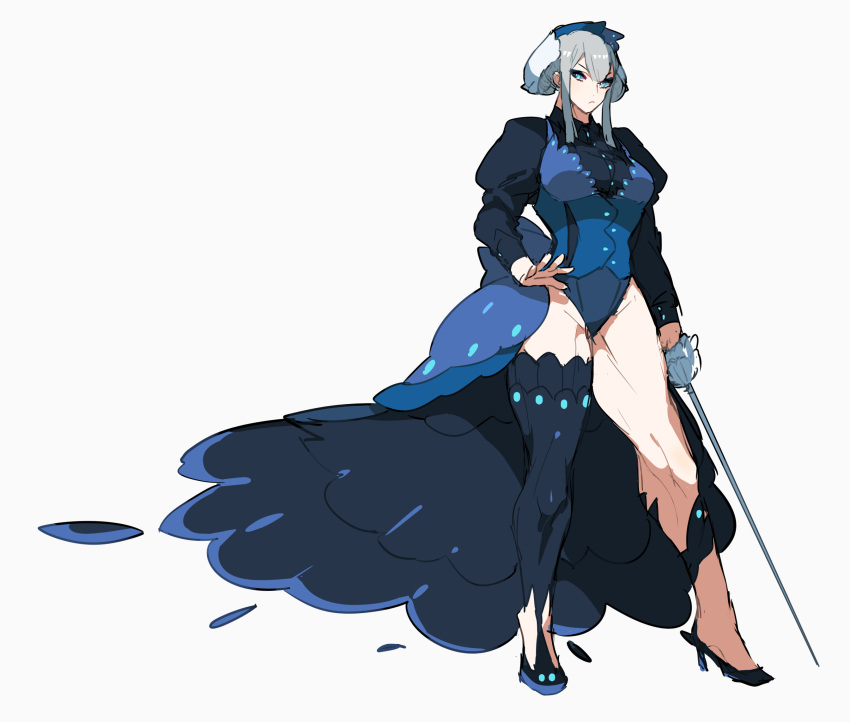 &gt;:( 1girl bangs black_legwear black_shoes blue_eyes breasts closed_mouth full_body grey_hair hair_between_eyes high_heels highres holding holding_sword holding_weapon kz_609 legs leotard long_sleeves looking_away looking_to_the_side medium_breasts muscle muscular_female personification pokemon pokemon_(game) pokemon_sm puffy_long_sleeves puffy_sleeves rapier shoes short_hair showgirl_skirt sidelocks simple_background single_thighhigh solo standing sword thick_thighs thigh-highs thighs weapon white_background wishiwashi
