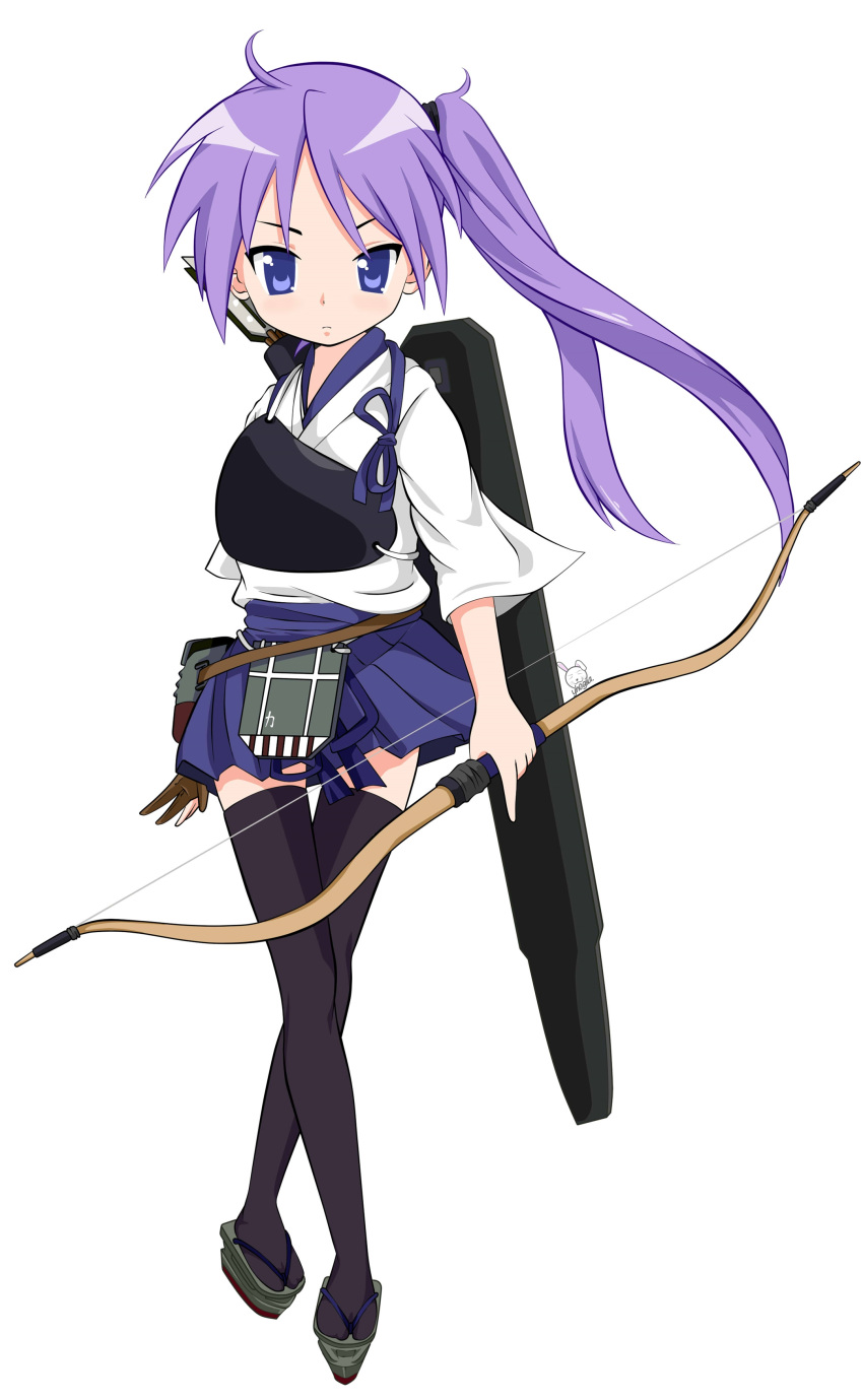 absurdres bow_(weapon) cosplay highres hiiragi_kagami kaga_(kantai_collection) kaga_(kantai_collection)_(cosplay) kantai_collection looking_at_viewer lucky_star purple_hair side_ponytail thigh-highs violet_eyes weapon