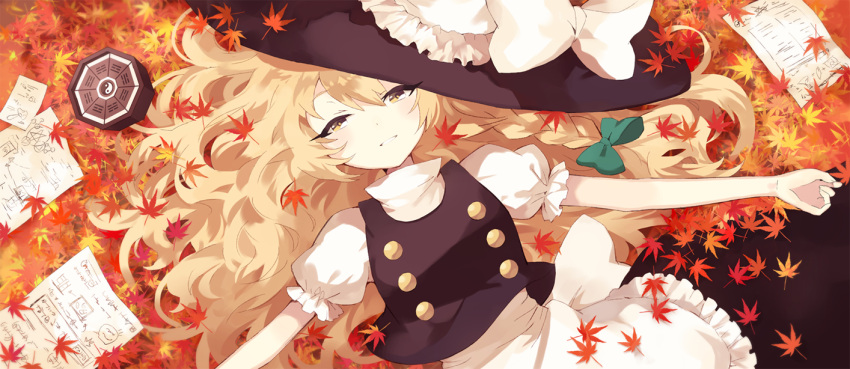 1girl apron autumn blonde_hair bow braid dress green_bow hair_bow hat hat_bow kanyoko_(yuzukano_17) kirisame_marisa leaf light_smile looking_at_viewer lying maple_leaf mini-hakkero on_back outstretched_arms paper parted_lips puffy_short_sleeves puffy_sleeves short_sleeves single_braid solo touhou turtleneck waist_apron white_bow witch_hat yellow_eyes yin_yang
