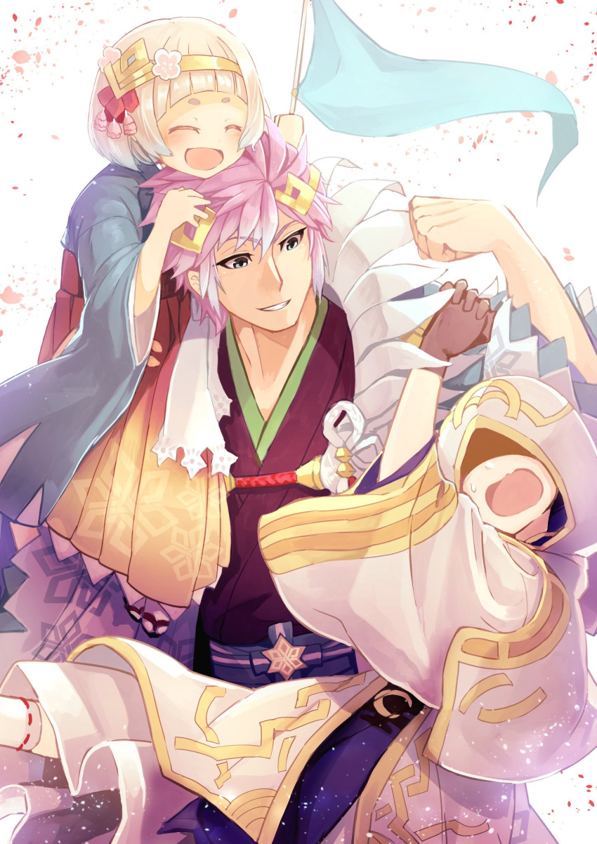 1boy 1girl 1other blue_eyes brother_and_sister brown_gloves closed_eyes fire_emblem fire_emblem_heroes flag gloves grin hair_ornament highres holding holding_flag hood hood_up hrid_(fire_emblem_heroes) japanese_clothes kimono long_sleeves nakabayashi_zun nintendo open_mouth robe sandals short_hair siblings silver_hair simple_background sitting_on_shoulder smile spiky_hair summoner_(fire_emblem_heroes) tabi white_background white_hair wide_sleeves ylgr_(fire_emblem_heroes)