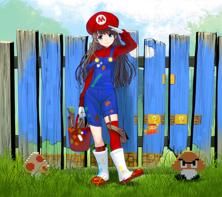 1girl back black_hair blue_eyes boots fence genderswap genderswap_(mtf) gloves grass hat highres long_hair looking_at_viewer mario super_mario_bros. masao nintendo overalls paintbrush red_legwear salute single_thighhigh smile solo super_mario_bros. thigh-highs white_gloves