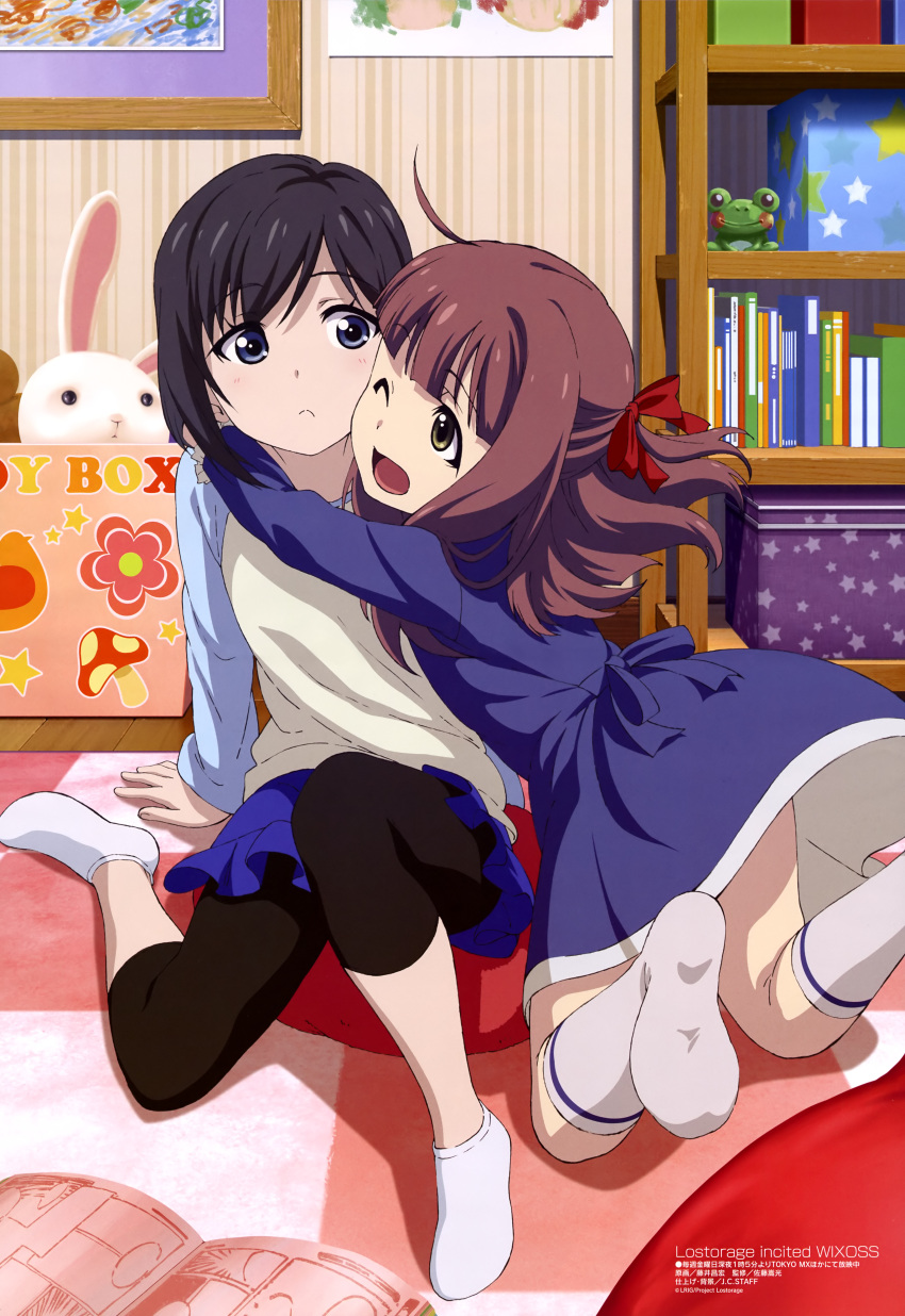 2girls absurdres bangs black_hair blunt_bangs brown_hair dress feet fujii_masahiro hair_ribbon highres homura_suzuko hug leggings looking_at_another lostorage_wixoss morikawa_chinatsu multiple_girls no_shoes official_art one_eye_closed open_mouth ribbon sitting skirt socks soles white_legwear wixoss