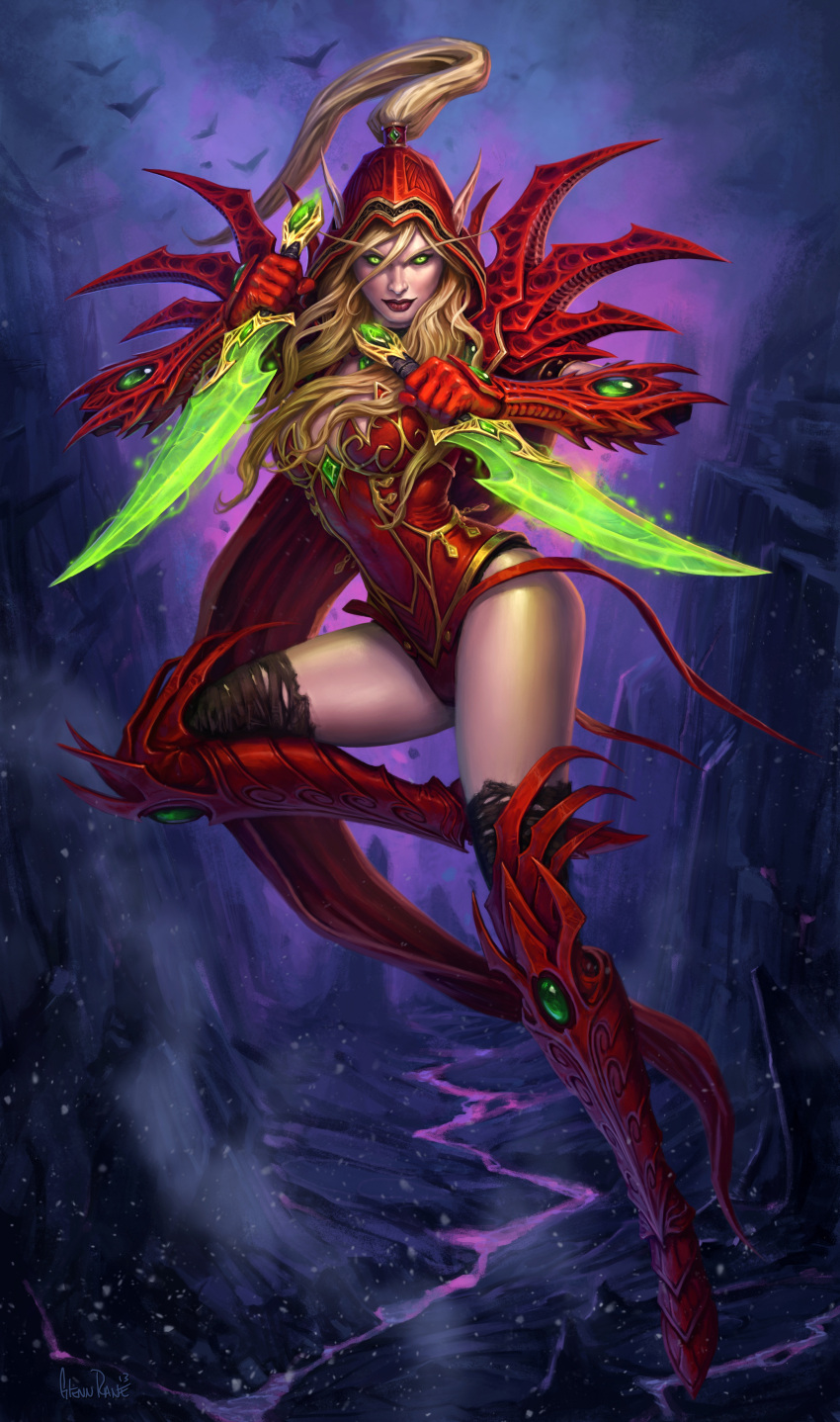 1girl absurdres artist_name blonde_hair blood_elf boots breasts dagger dated dual_wielding elf full_body glenn_rane gloves green_eyes hearthstone highres hood lips long_hair looking_at_viewer medium_breasts official_art pointy_ears red_gloves reverse_grip solo thigh-highs thigh_boots thighs valeera_sanguinar warcraft weapon world_of_warcraft