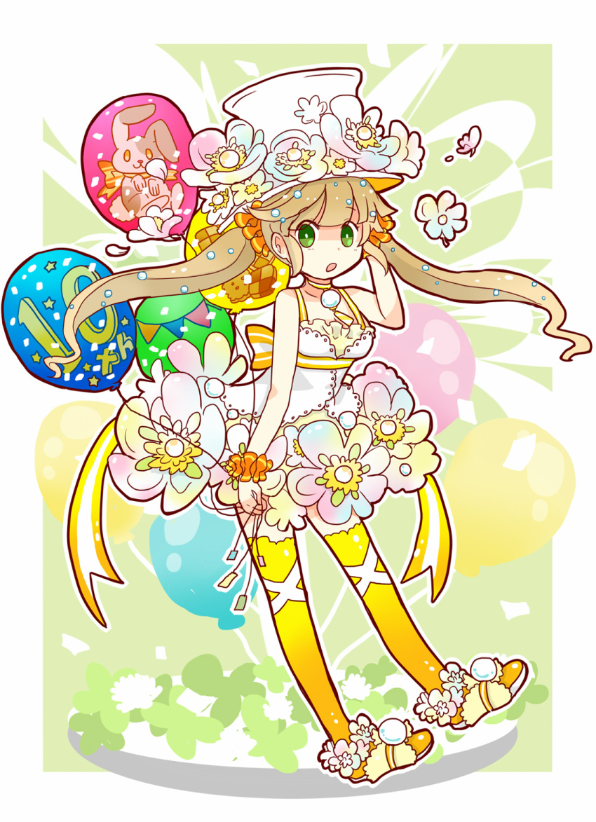 1girl 7:24 :o anniversary balloon bow brown_hair choker flower full_body green_background green_eyes hat highres long_hair looking_at_viewer original pocketland rabbit solo striped striped_bow thigh-highs top_hat twintails white_hat wrist_cuffs yellow_bow yellow_legwear