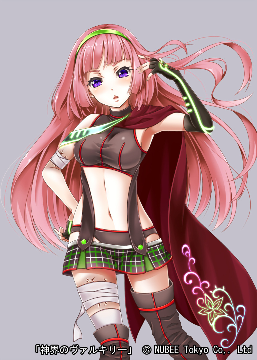 1girl armpits asymmetrical_gloves bangs black_gloves black_panties blunt_bangs boots breasts cape crop_top detached_sleeves elbow_gloves fingerless_gloves gloves green_hairband grey_background haguda_tofu_(hakudatofu) hairband hand_in_hair hand_on_hip highres long_hair looking_at_viewer microskirt midriff navel panties redhead shinkai_no_valkyrie simple_background skirt solo thigh-highs thigh_boots underwear violet_eyes