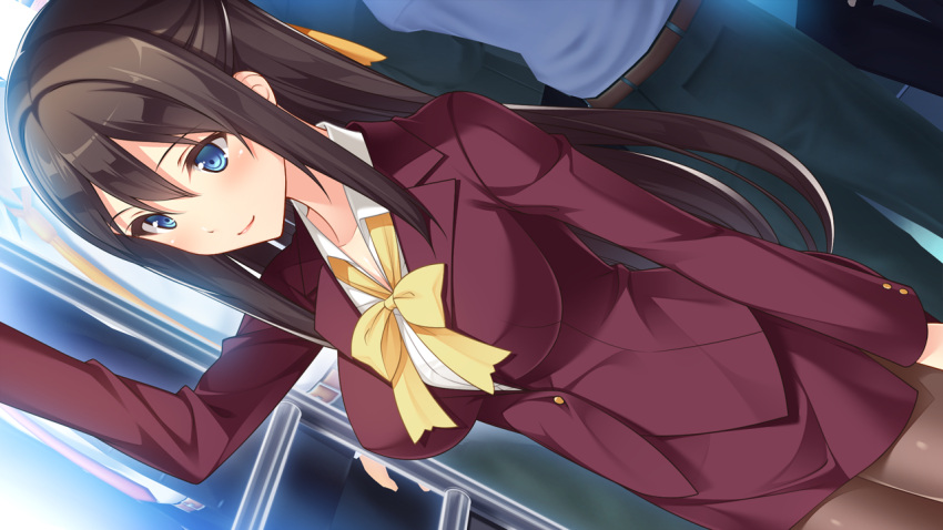 1girl black_hair blue_eyes bow breasts brown_legwear chikan_da_~shinri_counselor_meika_no_shinryou_kiroku~ dutch_angle formal game_cg ground_vehicle hair_ribbon kotobuki_natsumi large_breasts long_hair miniskirt nemigi_tsukasa pantyhose purple_suit ribbon sidelocks skirt skirt_suit solo_focus suit train train_interior yellow_bow yellow_ribbon