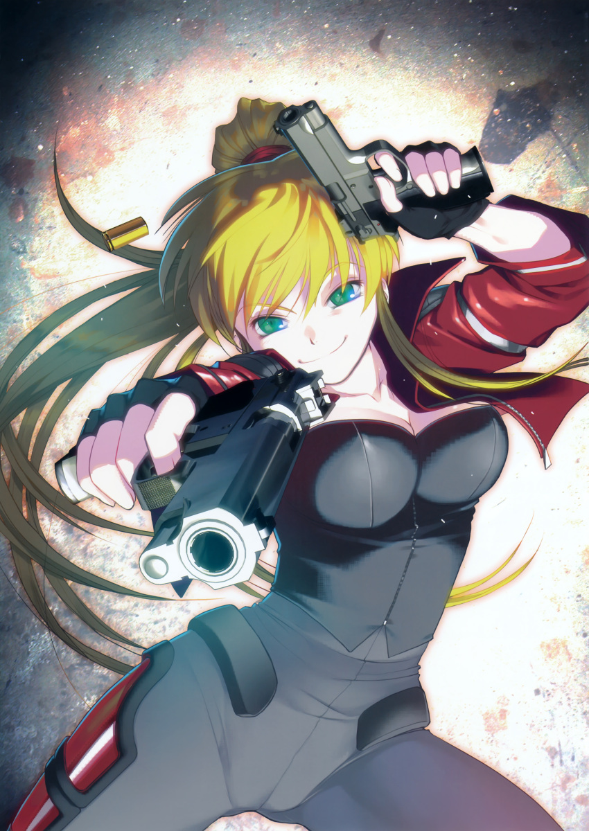 1girl absurdres black_gloves black_shirt blonde_hair breasts cal_devens cardigan cleavage cowboy_shot dual_wielding fingerless_gloves gloves green_eyes gun hair_ornament high_ponytail highres holding holding_gun holding_weapon huge_filesize large_breasts looking_at_viewer open_cardigan open_clothes phantom_of_inferno red_sweater smile solo unzipped weapon