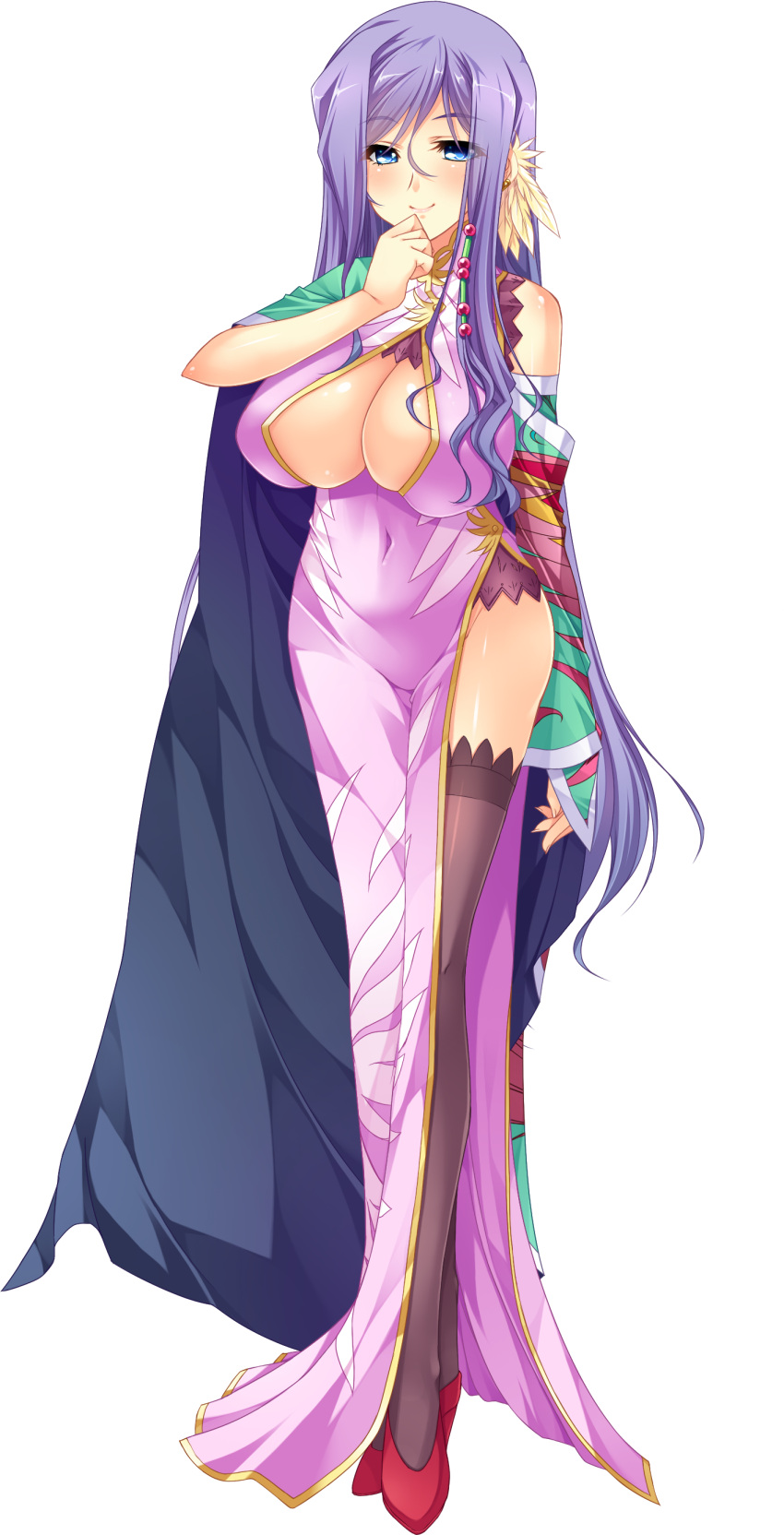1girl absurdres artist_request black_legwear blue_eyes blush breasts cape china_dress chinese_clothes cleavage cleavage_cutout dress feathers female full_body hair_ornament high_heels highres koihime_musou kouchuu large_breasts long_hair purple_hair side_slit smile solo standing transparent_background