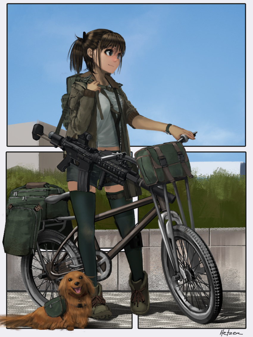 1girl ankle_boots assault_rifle backpack bag belly_peek bicycle blue_eyes blurry boots border brown_hair dog ground_vehicle gun hand_up hettsuaa highres jacket military original pouch rifle short_twintails shorts signature sling smile solo strap_cleavage thigh-highs twintails weapon zettai_ryouiki