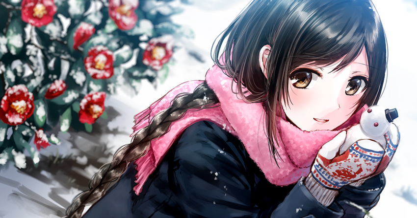 1girl bangs black_hair blurry blush braid brown_eyes cupping_hands depth_of_field dutch_angle enpera eyebrows eyebrows_visible_through_hair fringe hands_up kazuharu_kina leaf long_hair looking_at_viewer original parted_lips pink_scarf plant red_flower scarf school_uniform smile snow snowman solo swept_bangs uniform