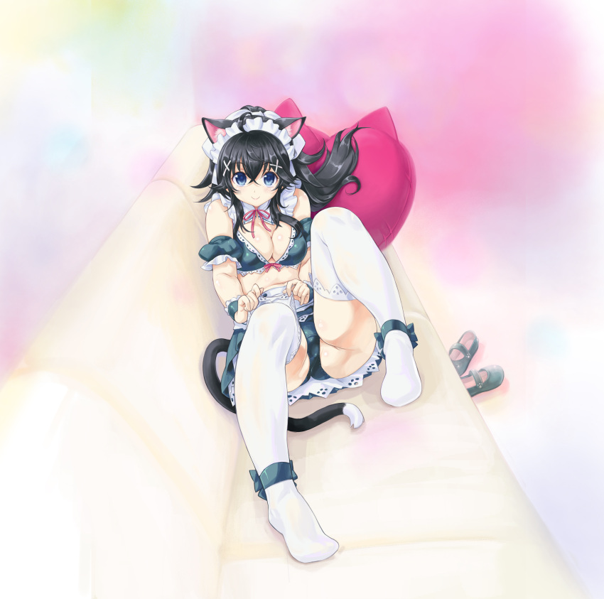 1girl adjusting_clothes adjusting_legwear ahoge animal_ears ankle_ribbon ass bangs bare_shoulders black_hair black_shoes blue_eyes blush breasts cat_ears cat_tail closed_mouth couch detached_collar detached_sleeves frills full_body hair_ornament heart heart_pillow highres kiyama_satoshi knees_up lace lace-trimmed_thighhighs leaning_back leg_up long_hair looking_at_viewer maid_bikini maid_headdress midriff miniskirt multicolored_background neck_ribbon netoge_no_yome_wa_onna_no_ko_janai_to_omotta? no_shoes on_couch panties pillow red_ribbon revision ribbon shoes shoes_removed sitting skirt smile solo tail tamaki_ako thigh-highs underwear upskirt white_legwear x_hair_ornament