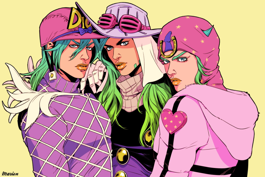 3boys artist_name blue_eyes bow cowboy_hat diego_brando facial_hair gloves goggles goggles_on_headwear gradient_hair green_hair gyro_zeppeli hat heart hood hoodie horseshoe johnny_joestar jojo_no_kimyou_na_bouken lips long_hair male_focus marion-ville multicolored_hair multiple_boys star steel_ball_run white_gloves