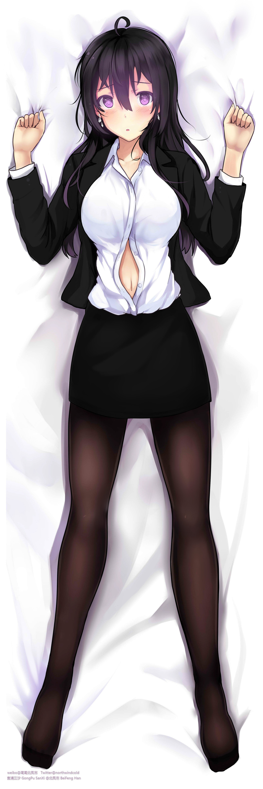 1girl absurdres ahoge bed_sheet beifeng_han black_hair black_legwear breasts highres large_breasts long_sleeves lying miyaura_sanshio navel office_lady open_clothes open_shirt original pantyhose shirt tagme uniform violet_eyes