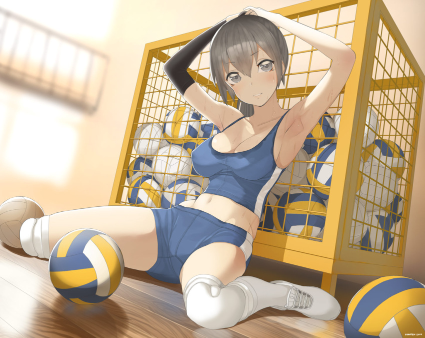 1girl 2016 armpits arms_behind_head artist_name bangs blurry blush breasts buruma cart cleavage depth_of_field dutch_angle elbow_gloves eyebrows_visible_through_hair gloves grey_eyes grey_hair gym hair_between_eyes indoors large_breasts legs looking_at_viewer midriff navel original parted_lips ponytail shadow shin_guards shoes single_sleeve sitting smile solo sports_bra sweat teeth thigh-highs thighs throtem volleyball wariza white_legwear