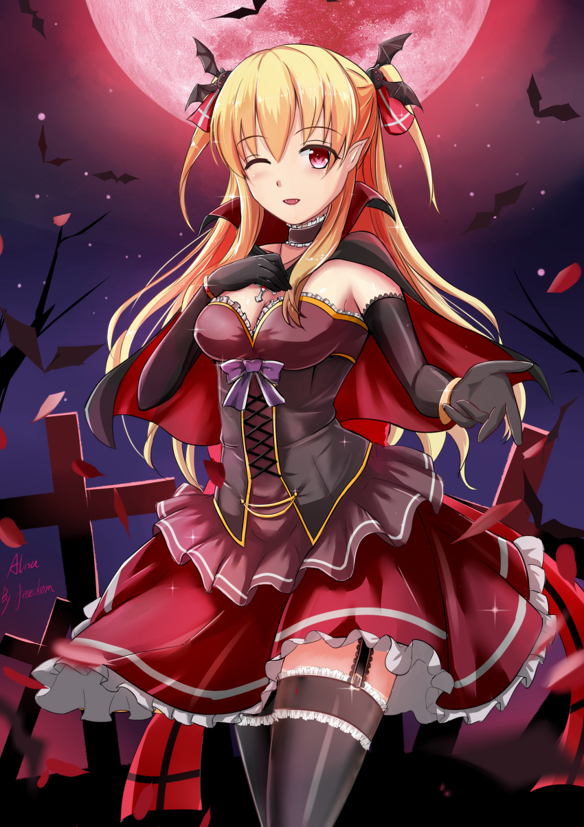 1girl absurdres alisa_reinford artist_name bat bat_hair_ornament black_gloves black_legwear blonde_hair bow breasts capelet character_name choker cleavage corset cowboy_shot eiyuu_densetsu elbow_gloves female gloves hair_ornament hair_ribbon halloween highres long_hair looking_at_viewer moon one_eye_closed pointy_ears popped_collar purple_bow red_eyes red_moon red_skirt ribbon saber-freedom sen_no_kiseki skirt smile solo thigh-highs two_side_up vampire