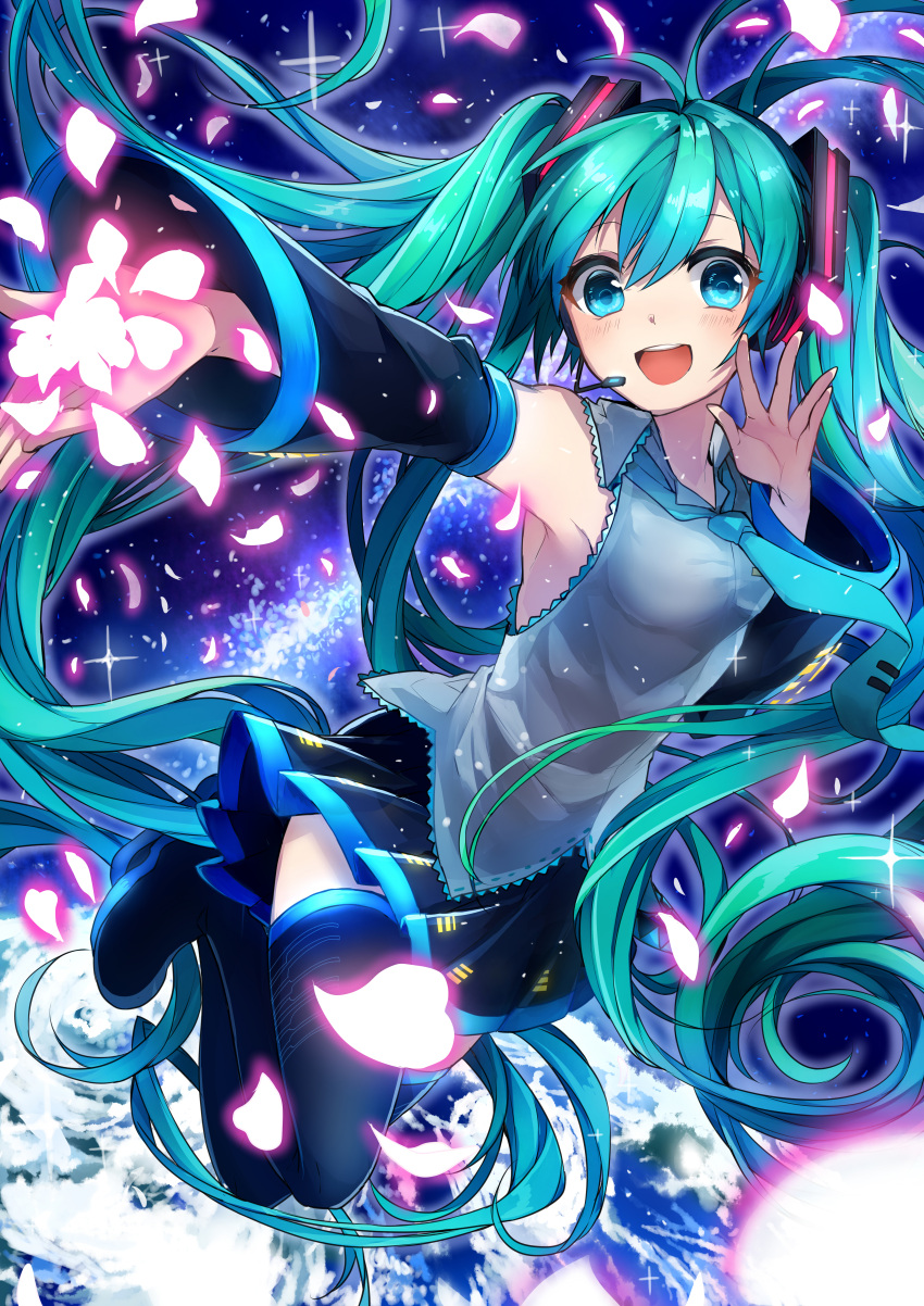 1girl :d absurdres antenna_hair aqua_necktie armpits black_legwear black_skirt blue_eyes blush boots collared_shirt detached_sleeves eyebrows_visible_through_hair full_body glowing green_hair grey_shirt hatsune_miku headset highres huge_filesize legs_up long_hair long_sleeves looking_at_viewer necktie open_mouth outstretched_arm petals pleated_skirt shirt skirt smile sogawa66 solo thigh-highs thigh_boots twintails very_long_hair vocaloid wing_collar