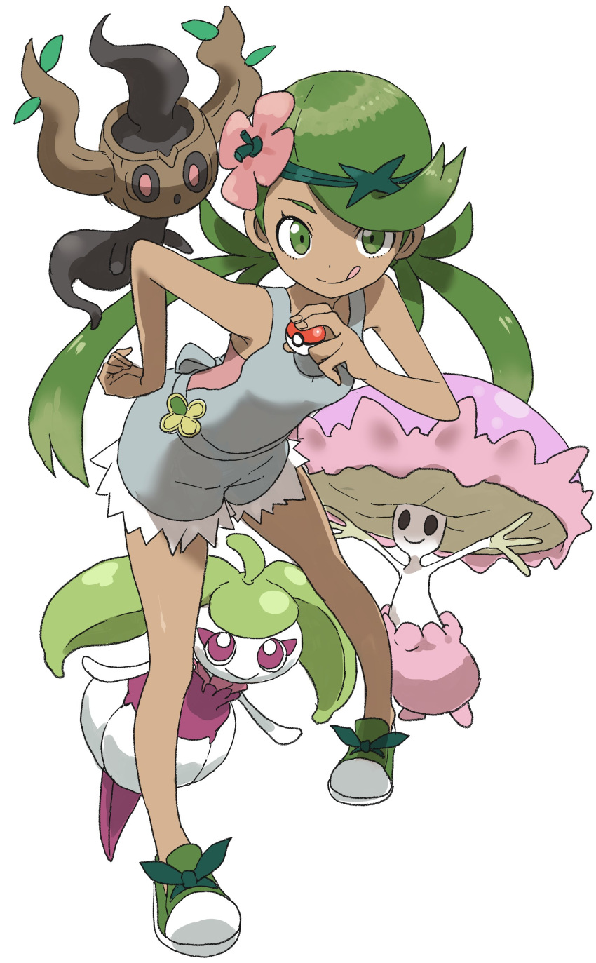 1girl :q absurdres apron bare_shoulders dark_skin flower green_eyes green_hair hair_flower hair_ornament highres mallow_(pokemon) npc npc_trainer phantump poke_ball pokemon pokemon_(creature) pokemon_(game) pokemon_sm shiinotic shorts steenee tongue tongue_out trial_captain twintails yamamoto_souichirou