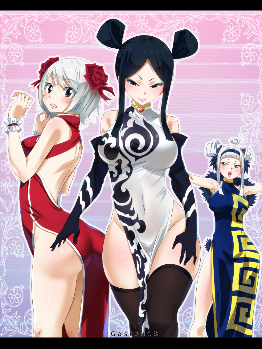 3girls absurdres ahoge angel_(fairy_tail) artist_name ass bare_shoulders black_eyes black_gloves black_hair black_legwear blue_eyes blush brown_eyes china_dress chinese_clothes colored double_bun dress elbow_gloves erect_nipples eyeshadow fairy_tail gaston18 gloves hairband heart_choker highres large_breats letterboxed lipstick long_hair looking_at_viewer makeup mashima_hiro minerva_orlando multiple_girls no_bra no_panties open-back_dress pelvic_curtain short_hair side_slit sidelocks smile thigh-highs white_hair wide_hips yukino_aguria