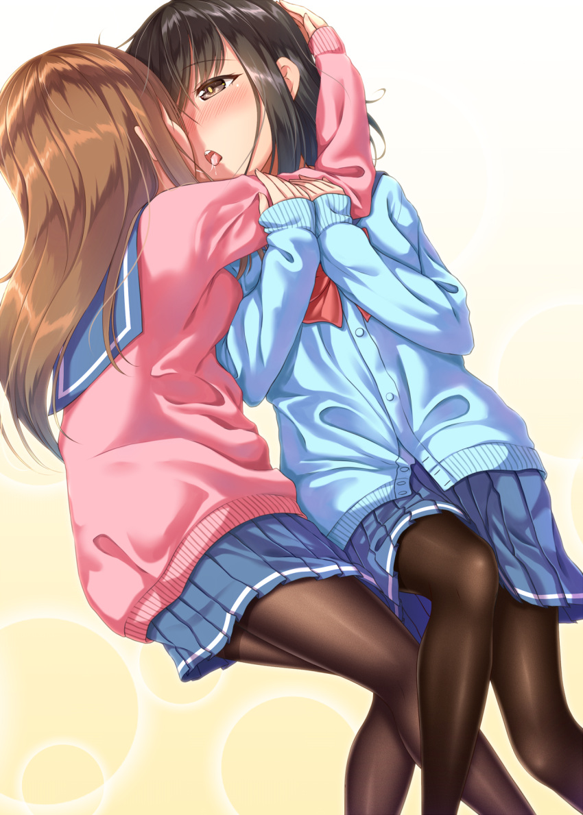 2girls bangs black_hair black_legwear blue_skirt blue_sweater blush bow bowtie brown_eyes brown_hair cardigan circle couple eye_contact from_side gradient gradient_background gurande_(g-size) hair_between_eyes hand_on_another's_arm hand_on_another's_head hands_up hidden_face highres hug knee_up legs long_hair looking_at_another lying multiple_girls on_back on_side open_mouth original pantyhose pink_sweater pleated_skirt red_bow red_bowtie saliva saliva_trail school_uniform serafuku shiny shiny_clothes simple_background skirt sleeves_past_wrists sweater teeth thighs tongue tongue_out white_background yellow_background yuri